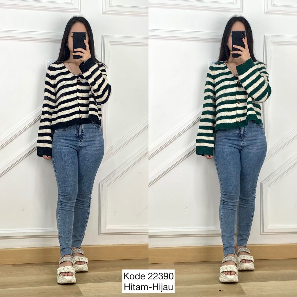 22390 OUTER CARDI RAJUT WOLL CROP VARIASI TIGA BUTTON DEPAN LEHER V NECK MOTIF GARIS PREMIUM WANITA 