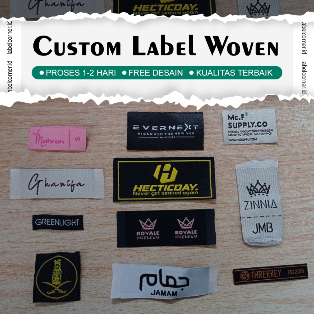 Label Woven Damask Premium Label Baju Custom Nama Merek Satuan Murah label Bordir Label Tenun, Label