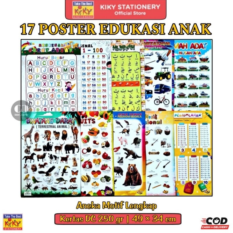 17 POSTER BELAJAR ANAK LENGKAP KIKY / POSTER EDUKASI ANAK KIKY