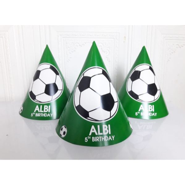 topi kerucut soccer / topi ultah soccer / topi ulang tahun custom soccer / topi ultah custom bola