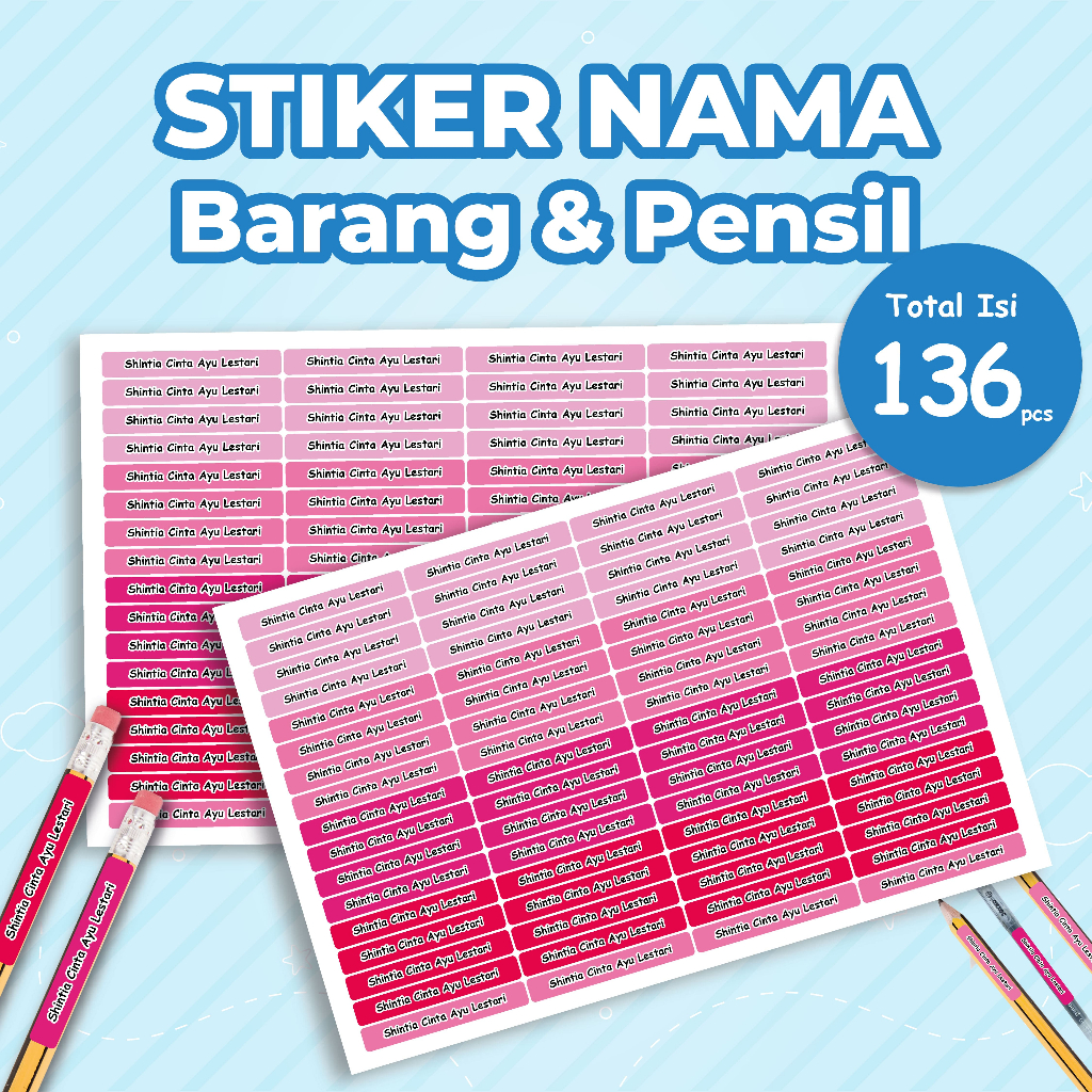 

STIKER LABEL ALAT TULIS PENSIL ISI 136PCS BISA TAMBAH NAMA / STICKER LABEL NAMA UNTUK ALAT TULIS PENSIL PULPEN / STIKER LABEL PENSIL PULPEN KRAYON/ STIKER LABEL BUKU ANAK SEKOLAH