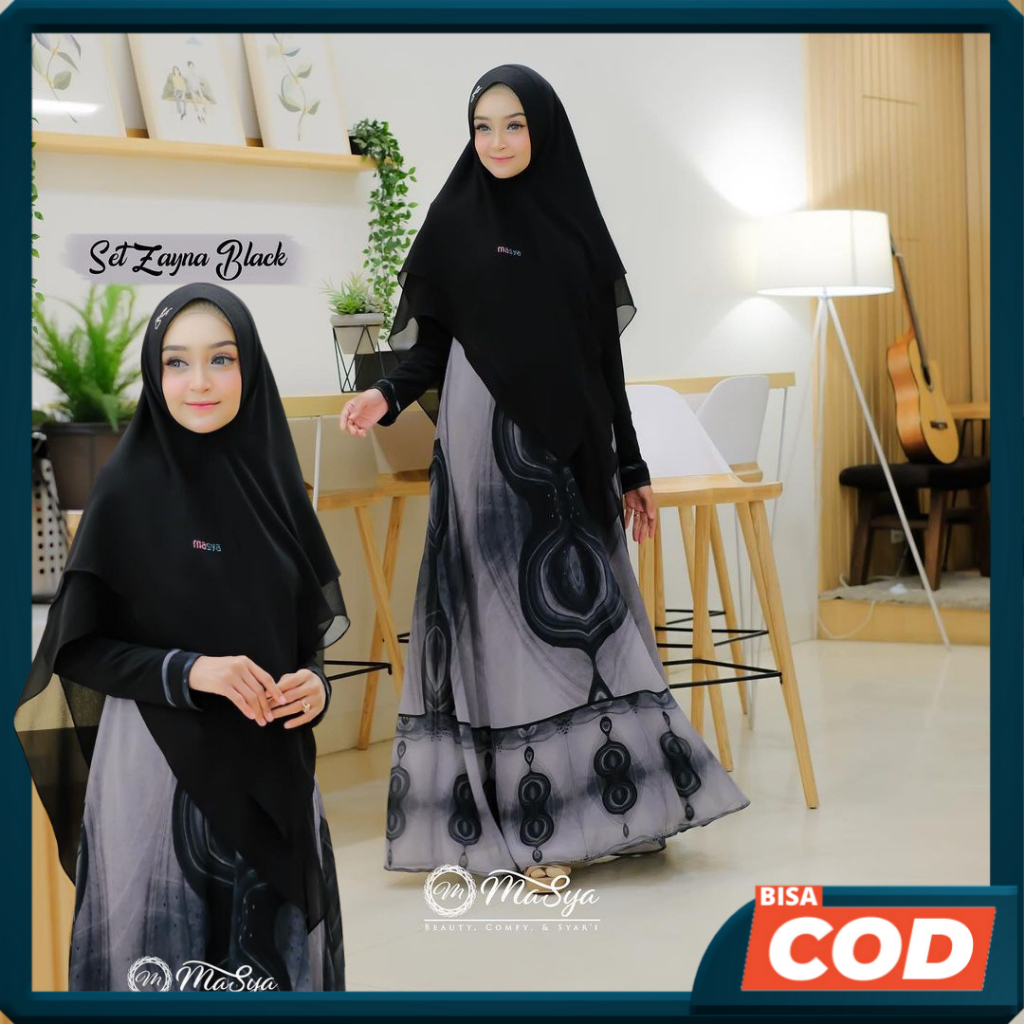 Set Gamis Dress Ceruty Babydoll Syari Branded Prinitng Black - Hitam - Abu - Hitam Mewah Masya Syari