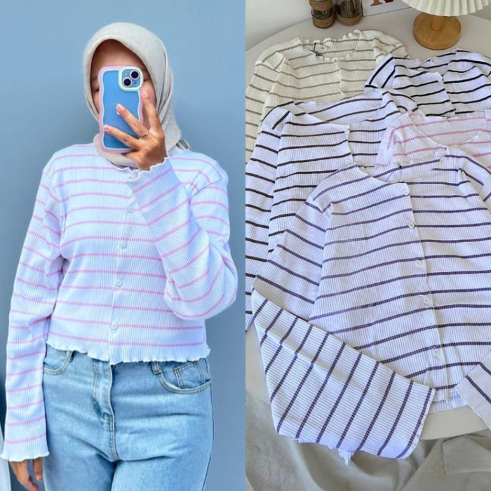 CARDIGAN STRIPE CROP TOP LENGAN PANJANG WANITA PREMIUM /CARDIGAN RAJUT CROP MOTIF / CARDIGAN SALUR C