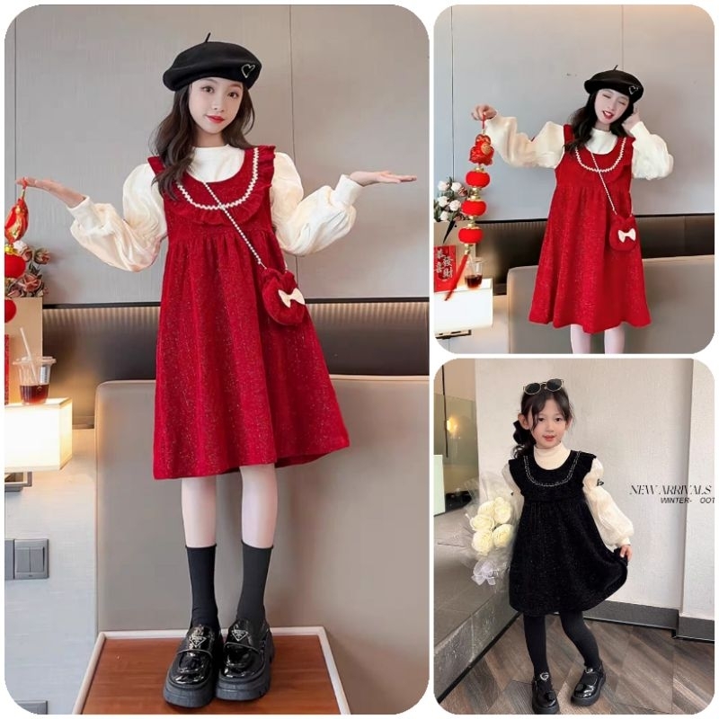CD/CT428 Dress Merah Beludru Lengan Balon | Blouse Lengan balon Anak Perempuan