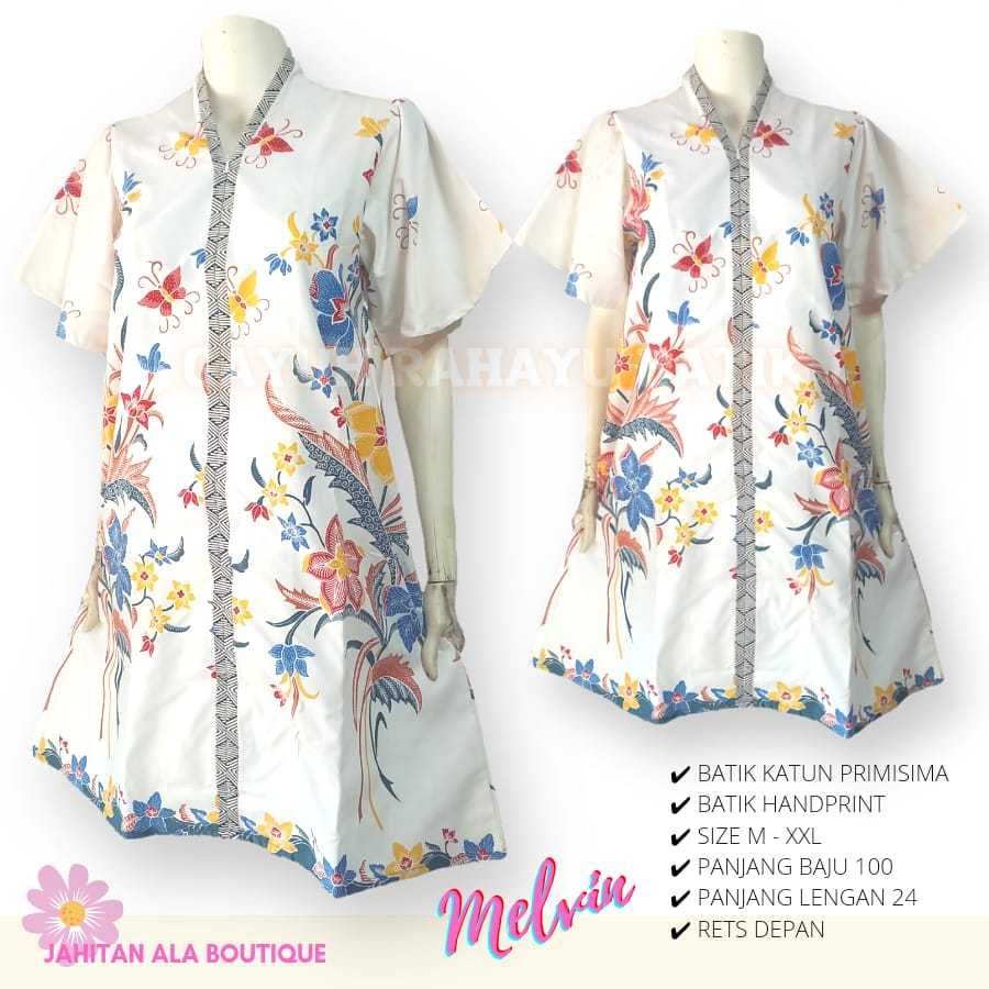 MELVINE - Dress Batik Kantor Wanita Warna Putih, Dress Batik Kerja Wanita Modern, Tunik Batik Wanita
