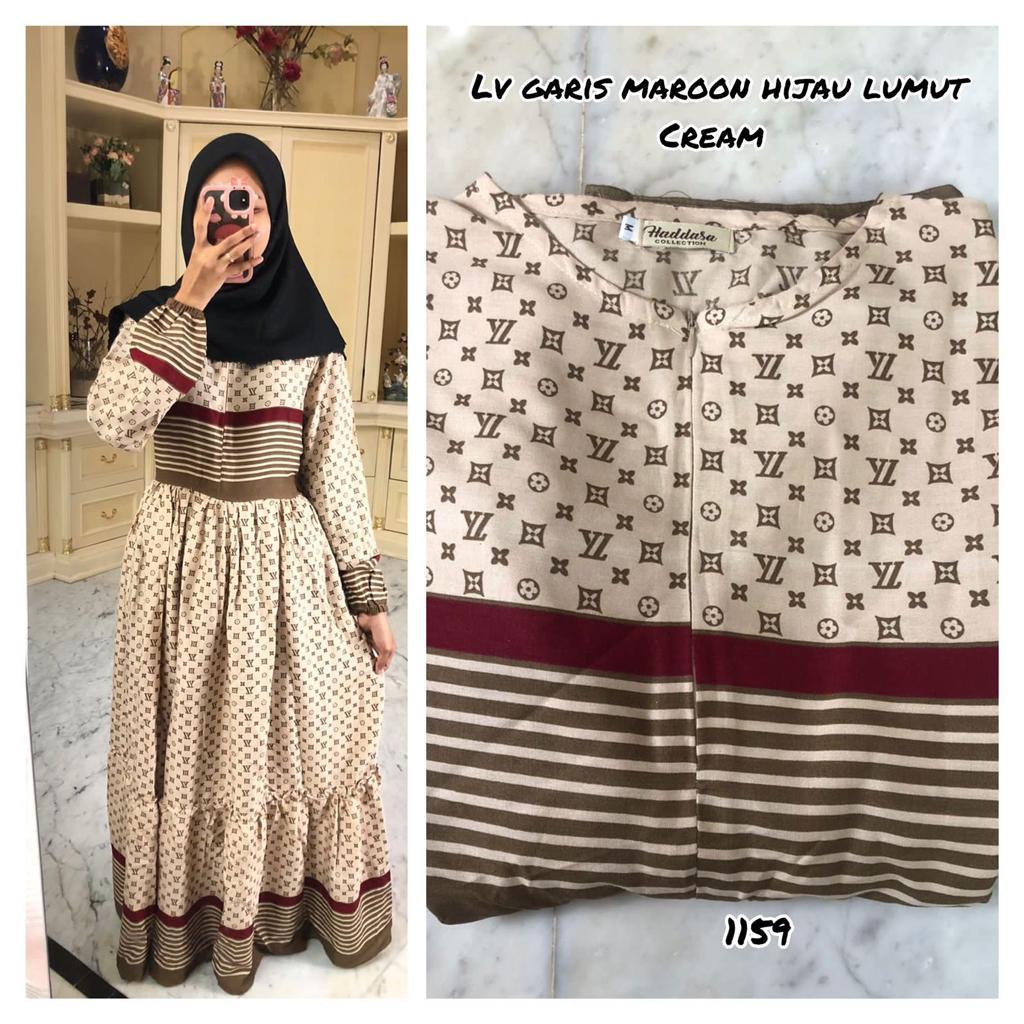 GAMIS RAYON MOTIF LV GARIS MAROON HIJAU LUMUT (CREAM)