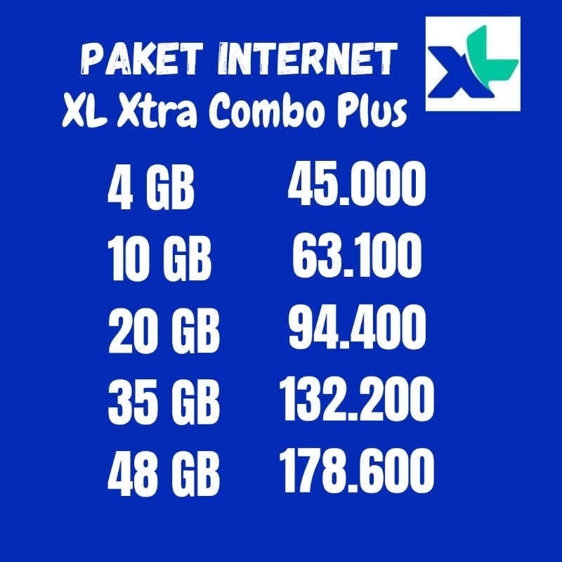 paket internet xl combo plus 4gb 10gb 20gb 35gb 48gb / paket data xl murah / kuota internet xl murah