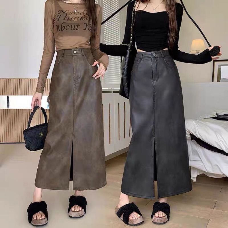 QUEEN SAKURA - Q5405R - LATEX LEATHER MAXI SKIRT IMPORT - ROK KULIT LATEX CASUAL KOREA WANITA IMPORT