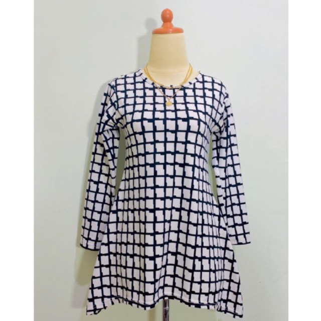 Atasan Blus Wanita Blouse tunik vintage motif kotak gingham checkered catur bahan wafle anti kusut w