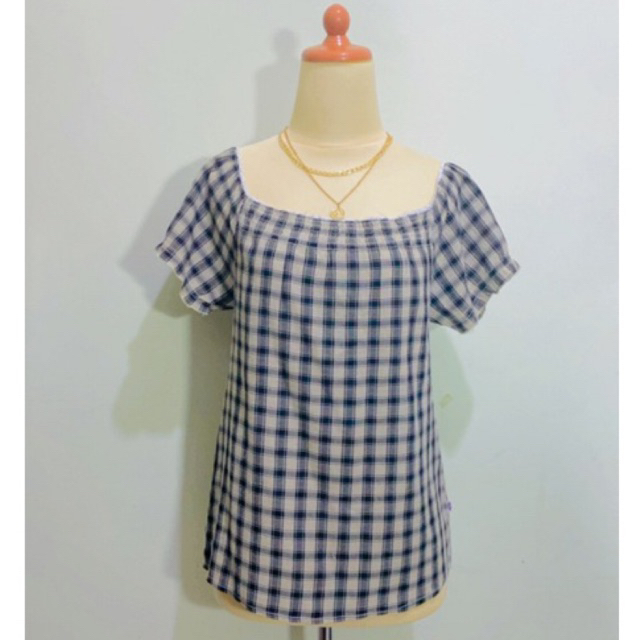 Atasan wanita blouse blus vintage motif tartan gingham houndstooth kotak warna biru putih blue and w