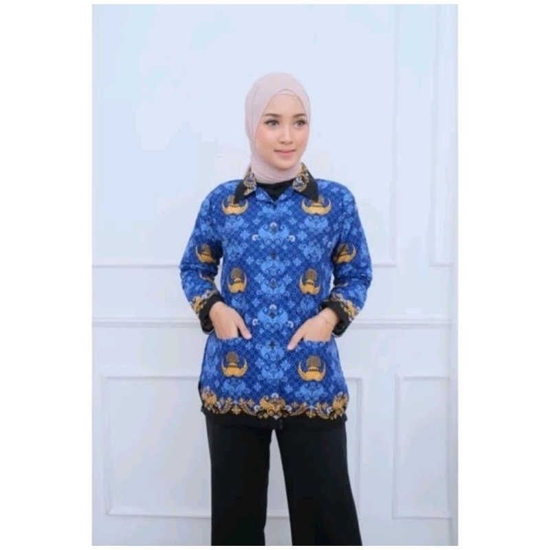 baju batik KORPRI wanita krah hitam lapis furing