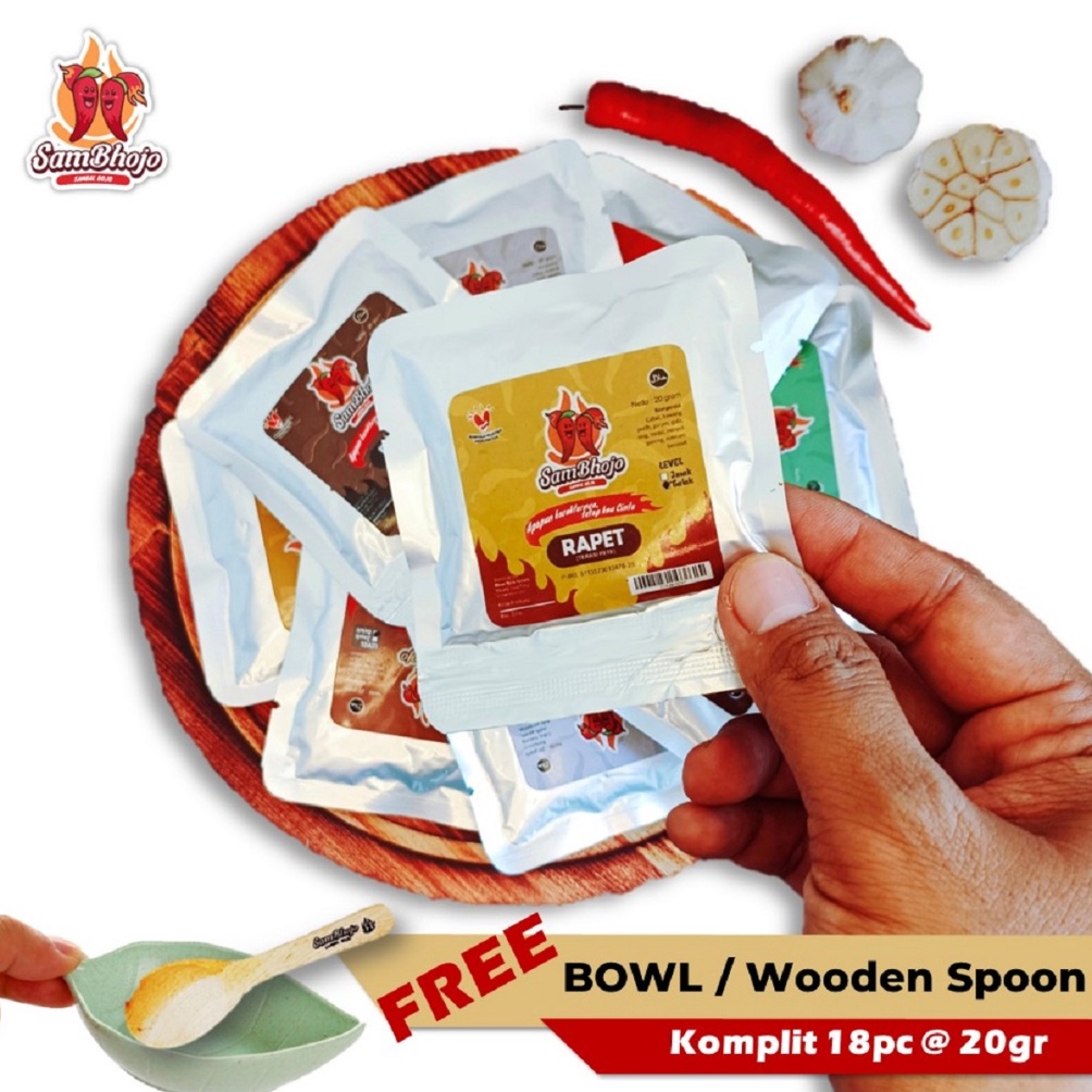 

[☝V65>] SamBhojo - Sambal Sachet Komplit 18 Varian, Mangkok Sambal/Wooden Spoon Langsung proses