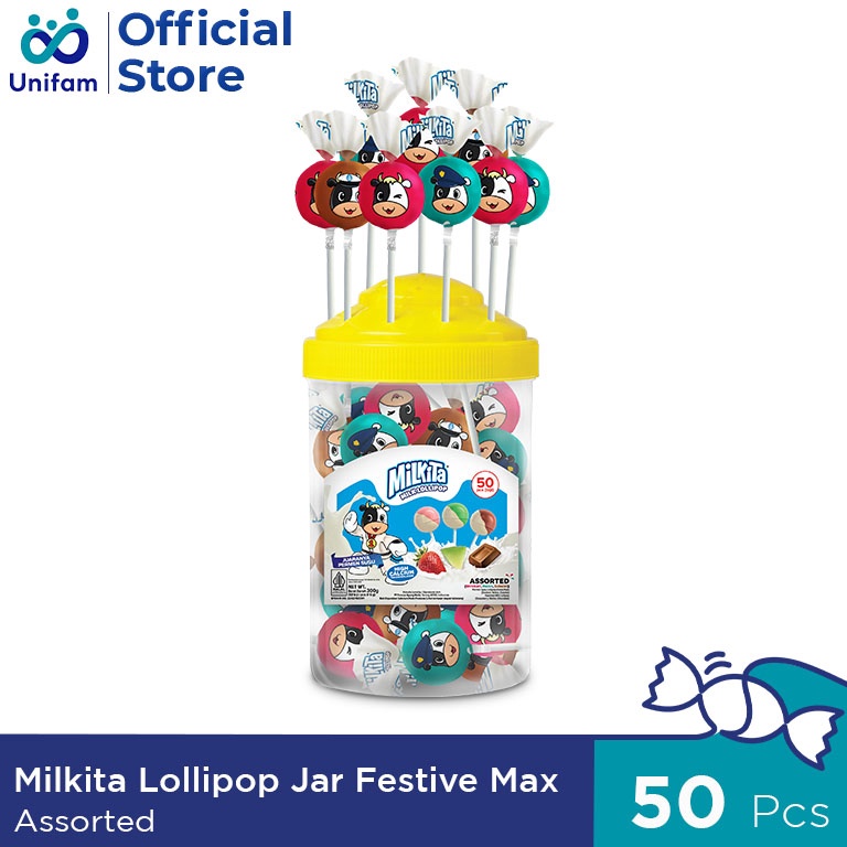 

Milkita Lollipop Jar Assorted Festive Max (1 Toples Isi 50pcs) - Toples Permen Lolipop Milkita Rasa Cokelat, Stroberi & Melon Promo ╯▔〔