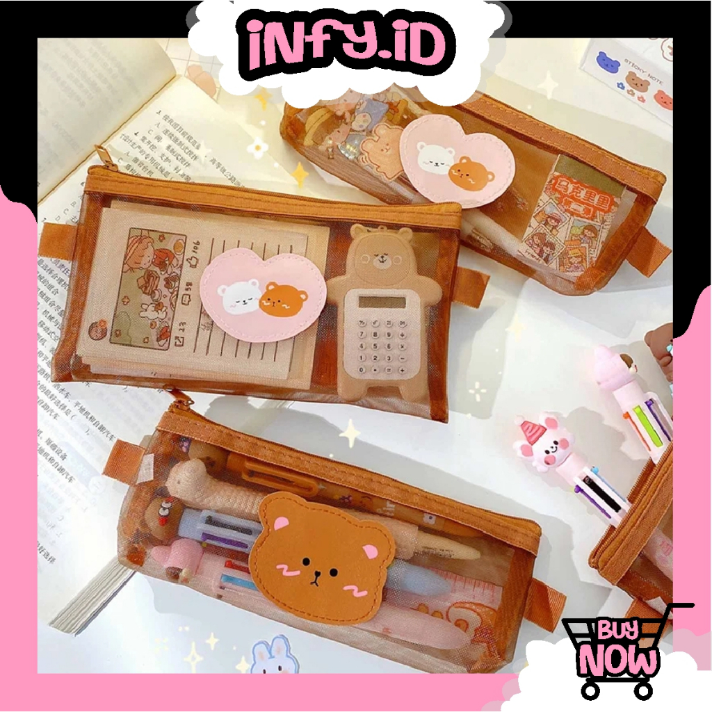 

INFY - SHY TEDDY BROWN NYLON MESH PENCIL CASE - TEMPAT PENSIL JARING S093