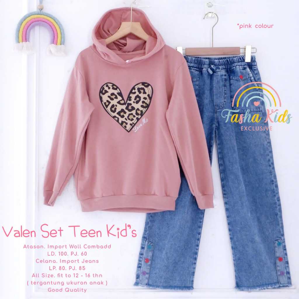 (( SETCEL ANAK REMAJA HOODIE DAN KULOT JEANS )) VALEN SET TEEN KIDS BY FASHA // SETELAN BAJU ANAK RE