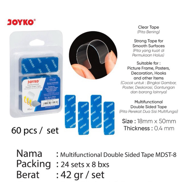 

( 1 pack isi 60 pcs ) MDST-8 Joyko Multifunctional Double Sided Tape Transparan / Double Side Tape Transparant Multifungsi / Selotip Isolasi Dua Sisi Double tape Bening 18 x 50 mm ( Tebal 0.4 mm )