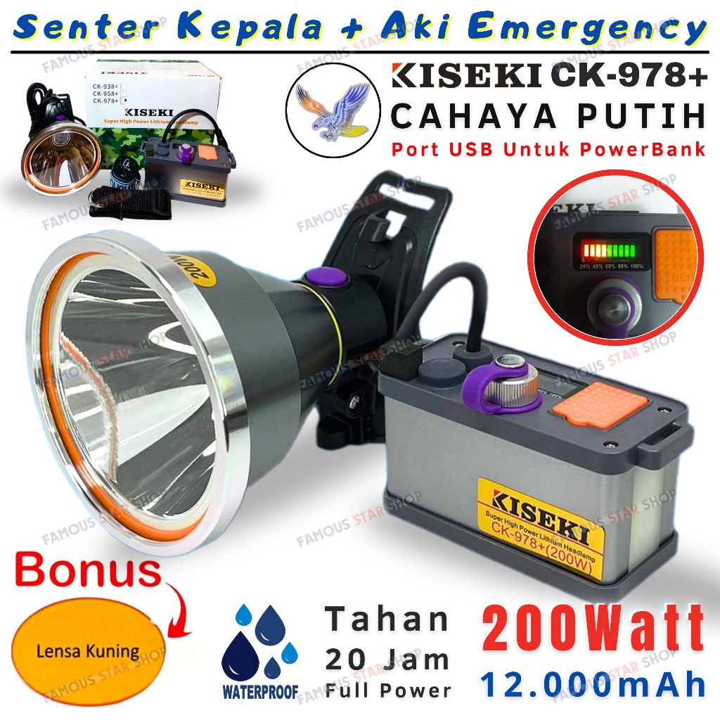 Senter Kepala 200 Watt KISEKI CK978+ [ dengan Aki Bisa Lampu Korek Api dan Power Bank ] - Senter Kep