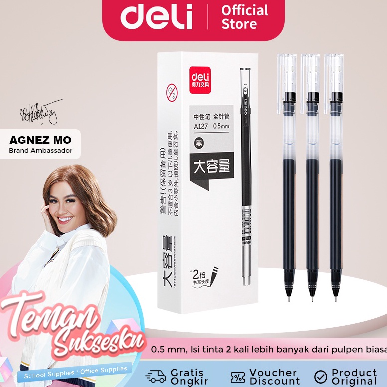 

B@u Deli Gel Pen / Pulpen Gel 0.5mm Tinta Hitam Isi 12 pcs Penulisan Halus Isi Tinta 2 Kali dari Pulpen Biasa A127 [102]