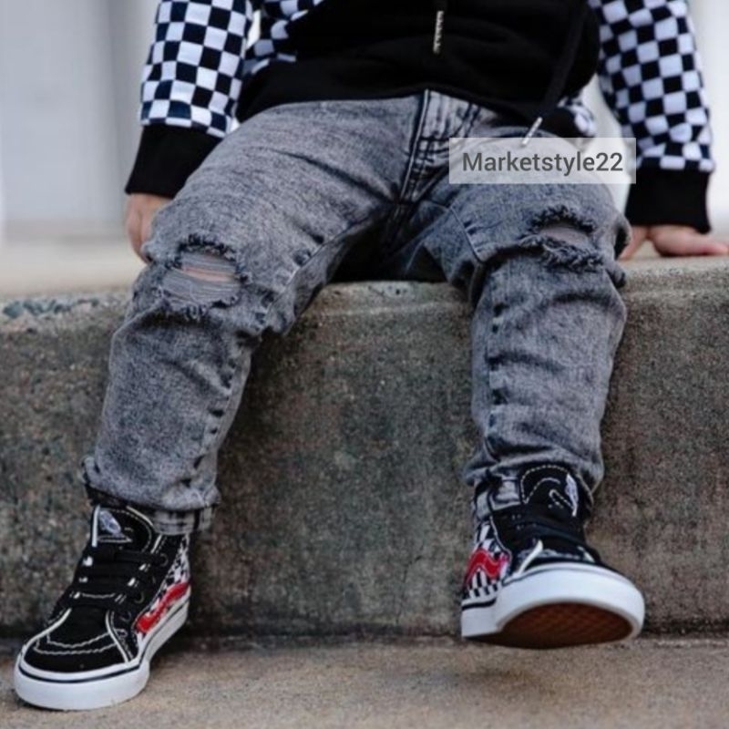 Celana Jeans Anak Cowok Laki Laki Snow Black Woshing Ripped Jens Anak Laki Laki Tanggung Sobek Lutut