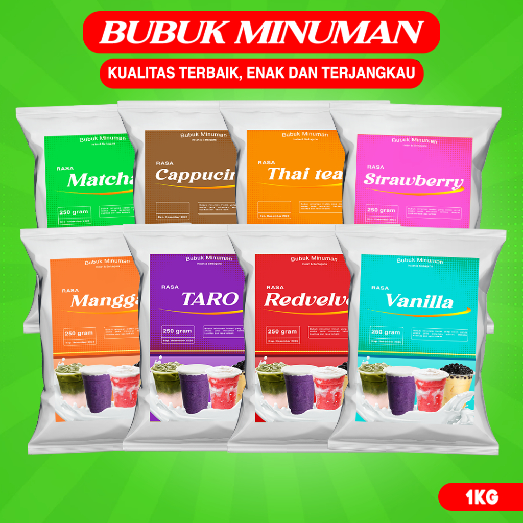 

BUBUK MINUMAN ANEKA RASA / BUBUK MINUMAN RASA 1KG / SERBUK MINUMAN 1KG / BUBUK MINUMAN BOBA / BUBUK MINUMAN KEKINIAN 1KG / SERBUK MINUMAN KEKINIAN