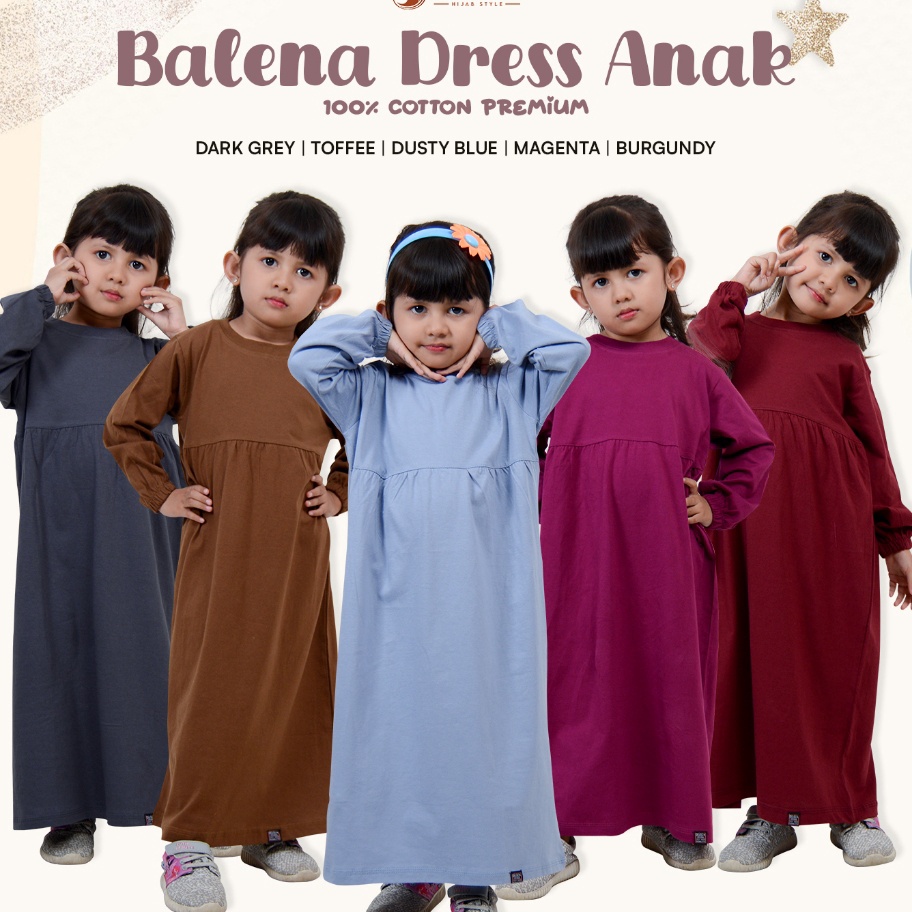 ௹ Balena Dress Anak Perempuan Gamis Tunik Polos Kaos Cotton Premium Bahan Katun Usia 5-12 Tahun by D