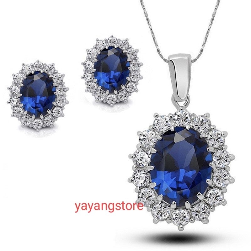 Set Kalung Anting Batu Permata Saphire Biru batu safire