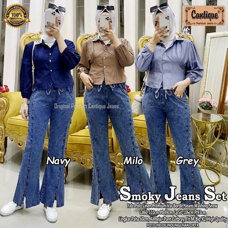Smoky jeans set by CANTIQUE BERLABEL (celana panjang cutbray jeans wash, atasan blouse polos)