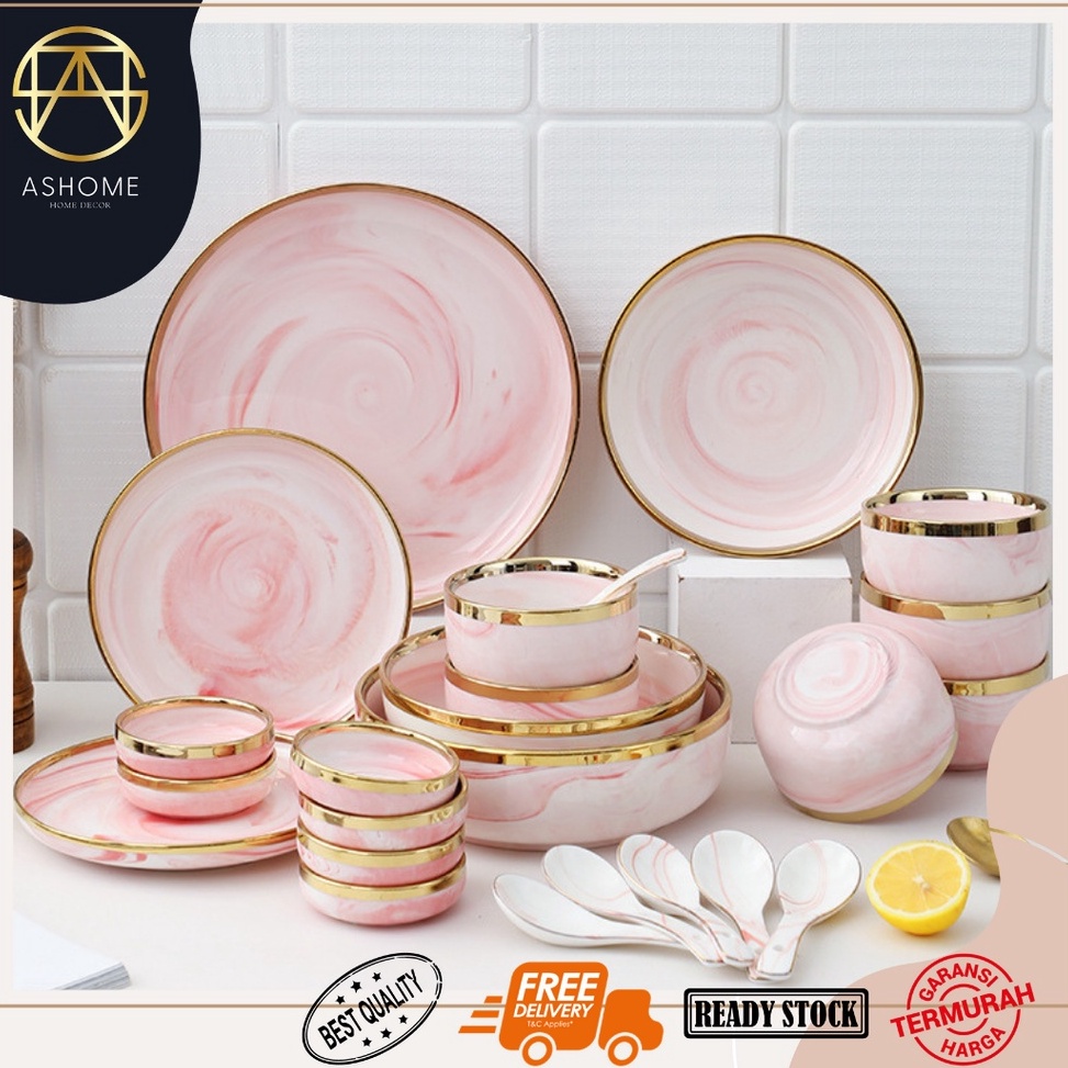 Sale Terbatas.. ASHOME Piring Keramik Pink Marble List Gold Elegan / Piring Keramik Motif Marmer Pin
