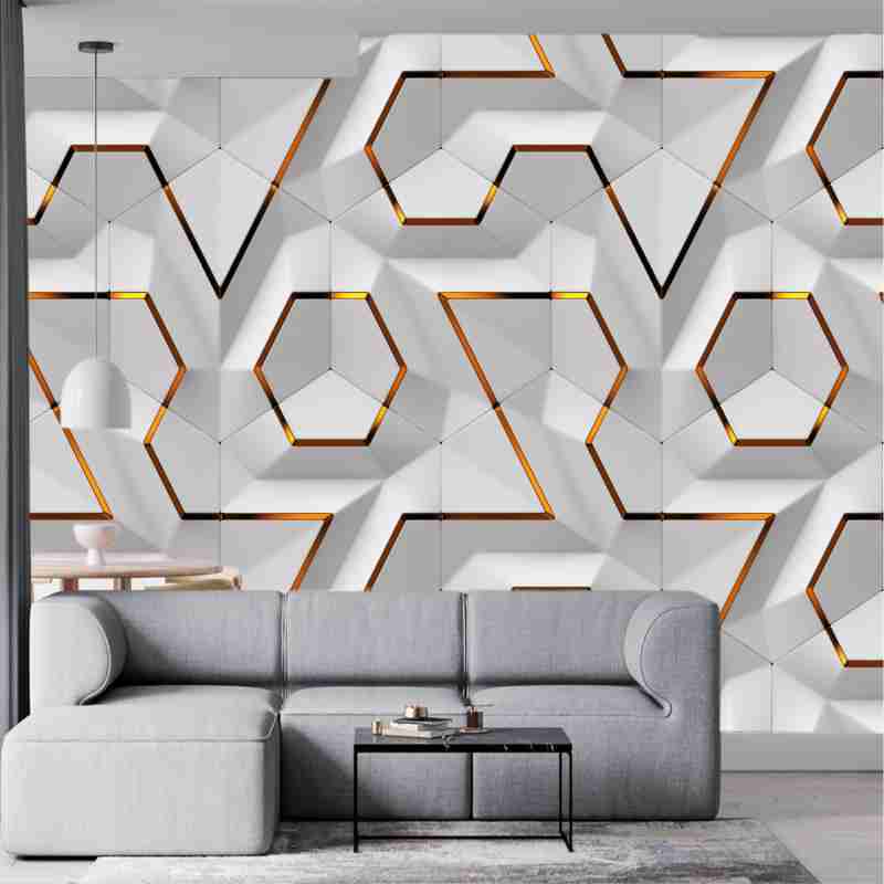 RIRIKSOTRE - WALLPAPER DINDING MOTIF GEOMETRIC PUTIH GOLD 3D