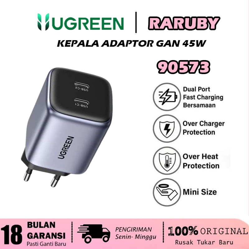 Ugreen Nexode Adaptor Kepala Charger GaN Adapter Fast Charging 20W 30W 45W 65W 100W 140W 200W Laptop Handphone Iphone Android-45W GREY
