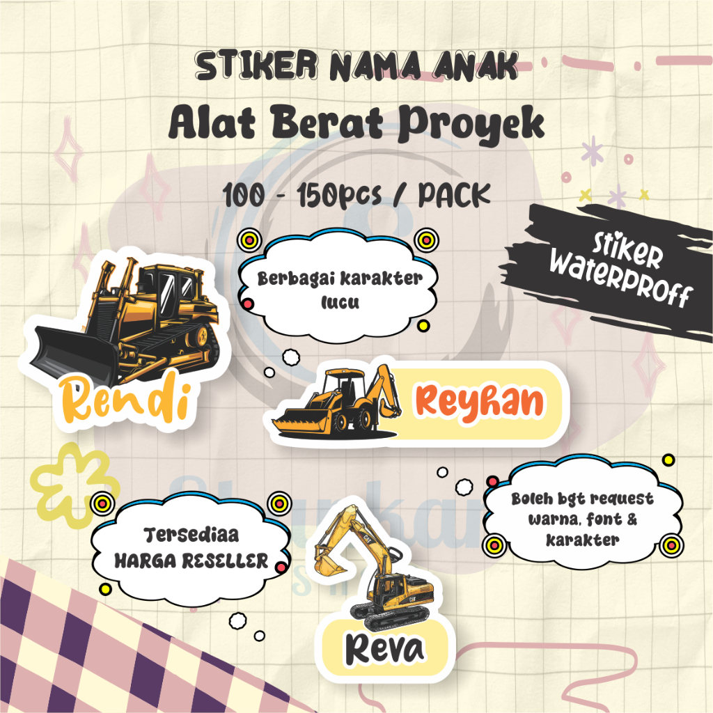 

( 100-150pcs) Stiker Nama TEMA ALAT BERAT PROYEK / Stiker Tumbler / Stiker Barang / Stiker Hologram