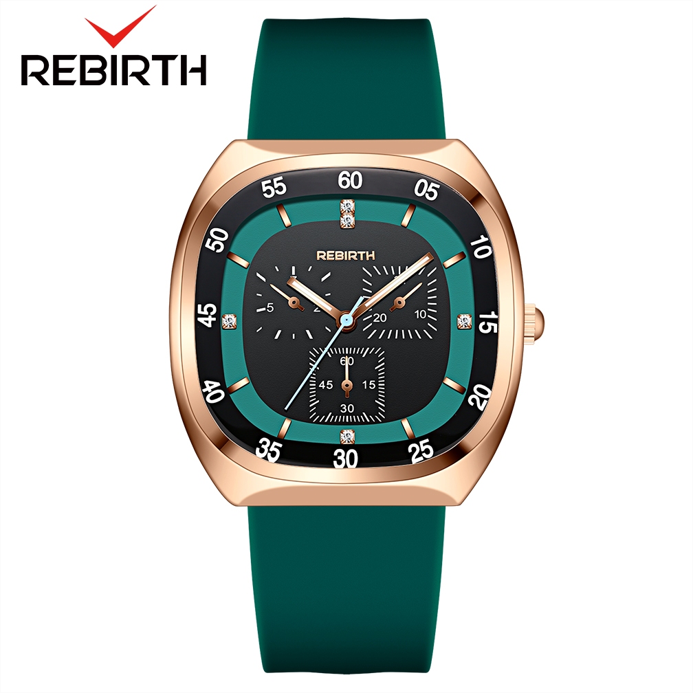 REBIRTH Jam Tangan Wanita Anti Air Original Kasual Mode Tali Silikon Jam Tangan Cewek Korea-Green