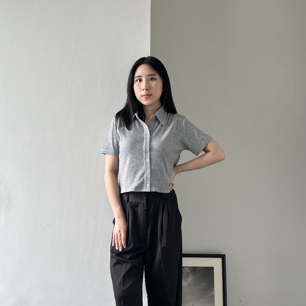 Kalia Top - Atasan Kemeja Rib Wanita - Atasan Kerah Kerja Wanita