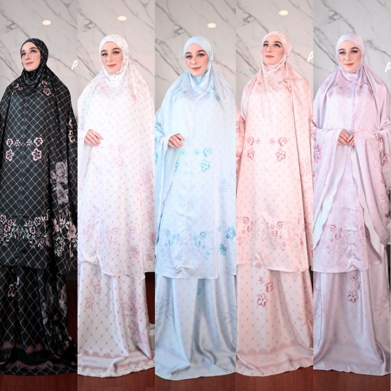 Masya Mukena Mukenah Mewah Prayer Set Armani Silk Warna Putih - Hitam - Taro - Broken White - Biru M