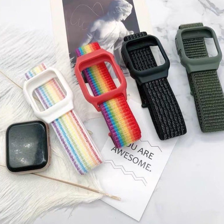[Produk OZ80] Strap Canvas Smartwatch T55 T500 2 in 1 Colorful Nylon Strap Fpr Apple Watch 7 41mm 44