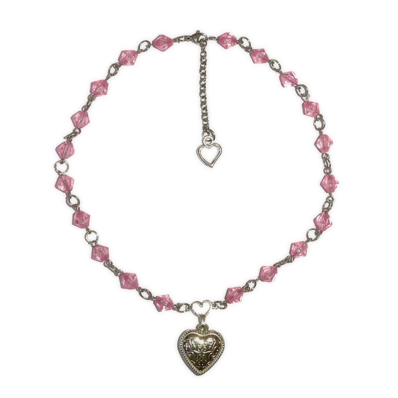 Kalung Manik | Beaded Necklace | Aksesoris Wanita Barbiecore Pink Hati Rantai Adjustable Hijab Heart