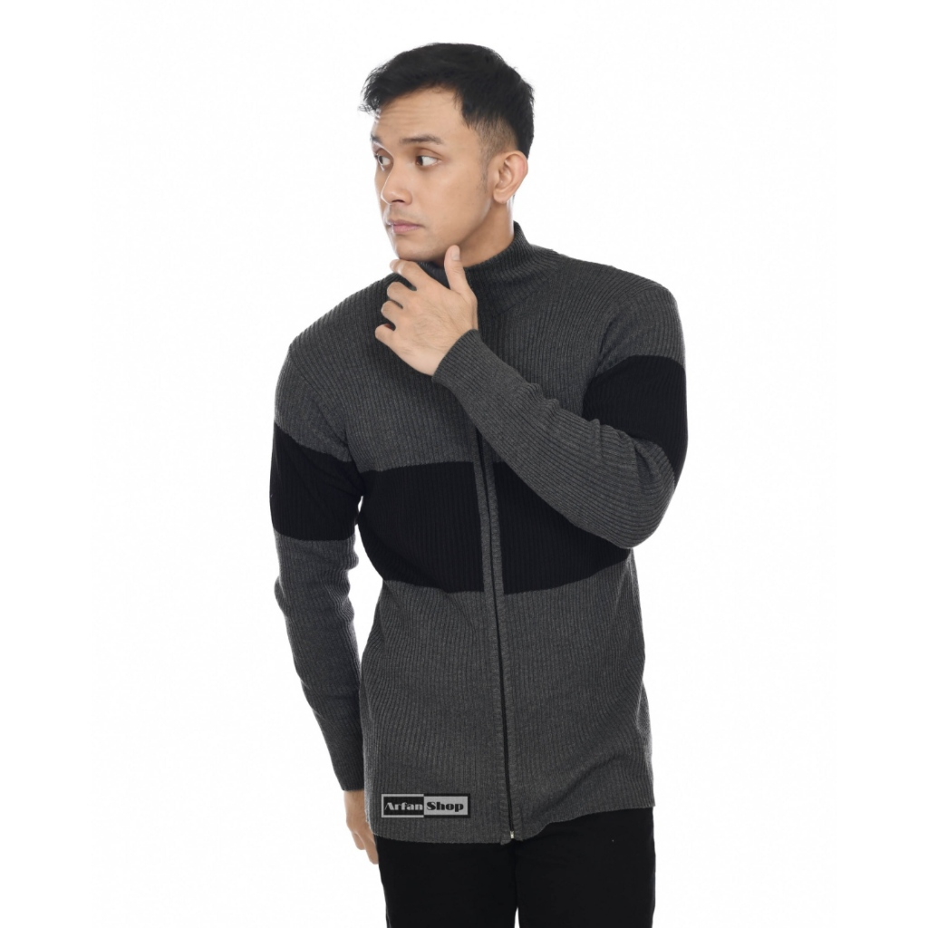 Jaket Rajut Resleting Kerah Tinggi | Sweater Rajut Zipper Turtleneck Pria Tebal