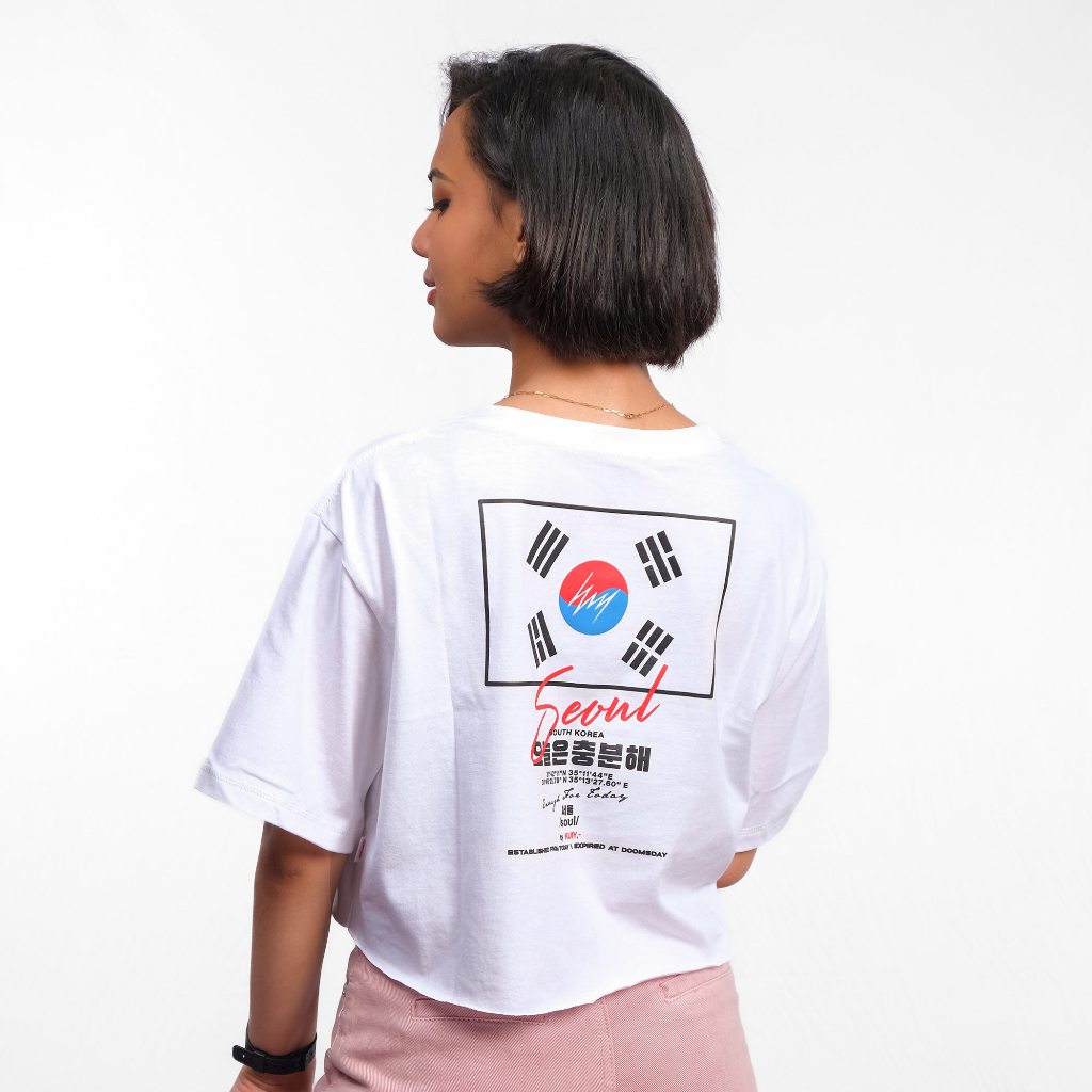 Kuiy - Enough - Kaos Crop Oversize | Crop Tees Putih Seoul Korea Flag