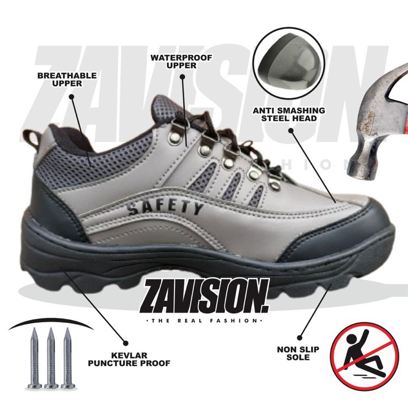 ZAVISION safety ujung Sepatu Safety Ujung Besi Pria Kulit Suede untuk Proyek dan Petualangan Ukuran 
