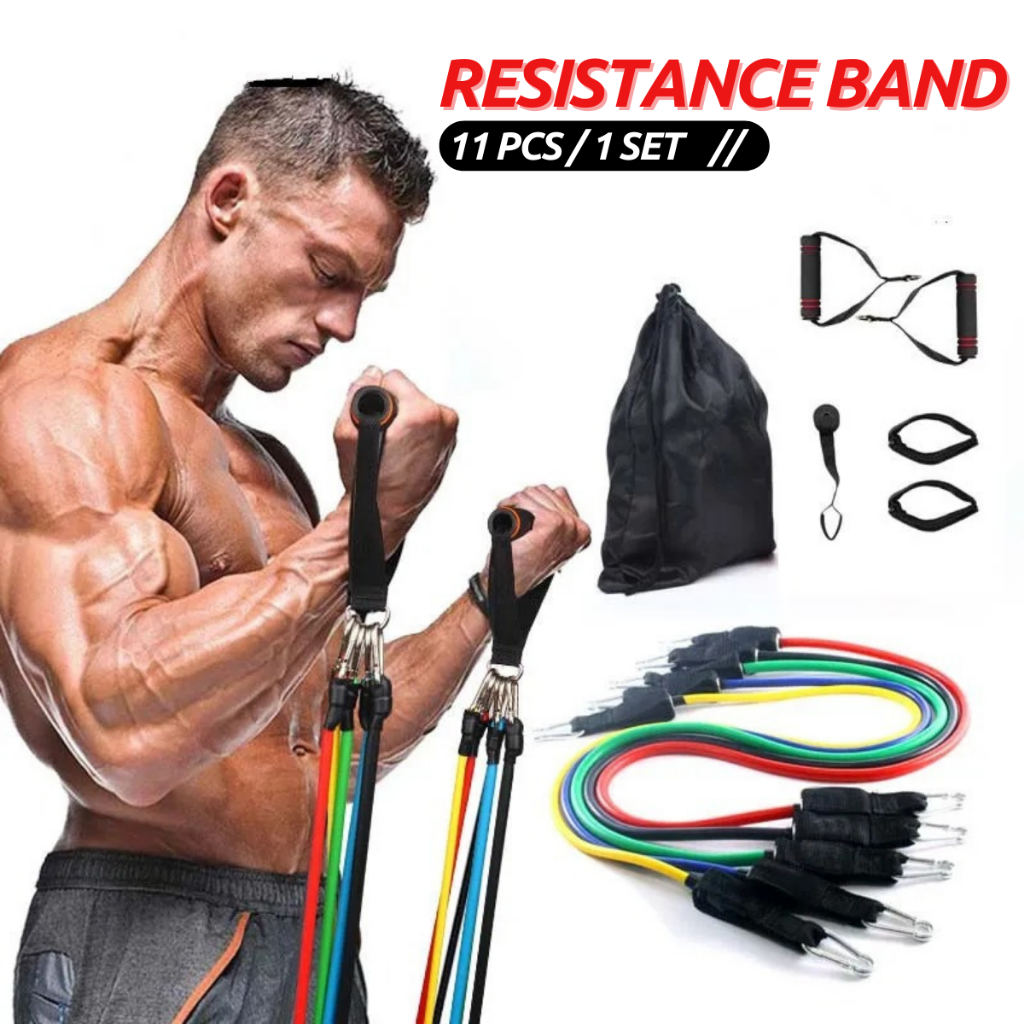 Resistance Band 11 Pcs Home Set Tali Tarik Karet Gym Yoga Fitness Alat Olahraga Chest Expander