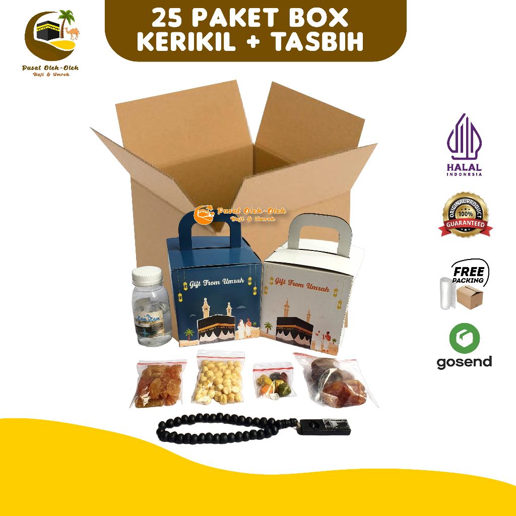 

Paket Oleh Oleh Haji dan Umroh dus Box + Coklat Kerikil + Tasbih Kayu per 25 pcs