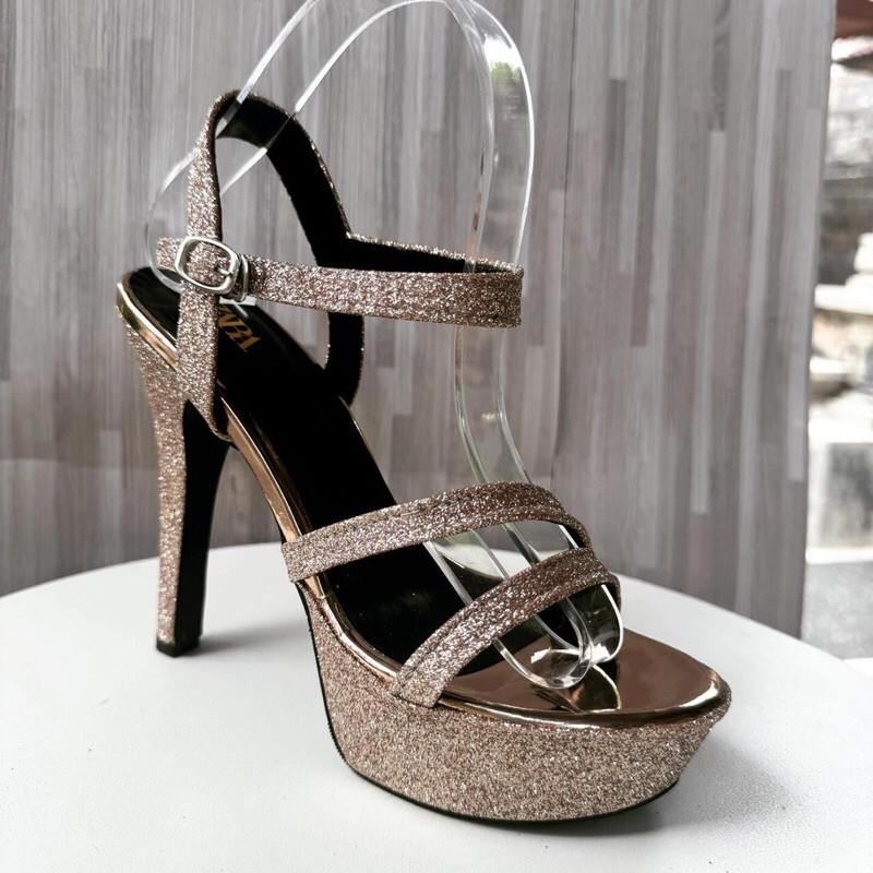 H008 ZARA HEELS WANITA TALI 12cm HEELS PESTA GLITTER 12cm HIGH HEELS GLITTER