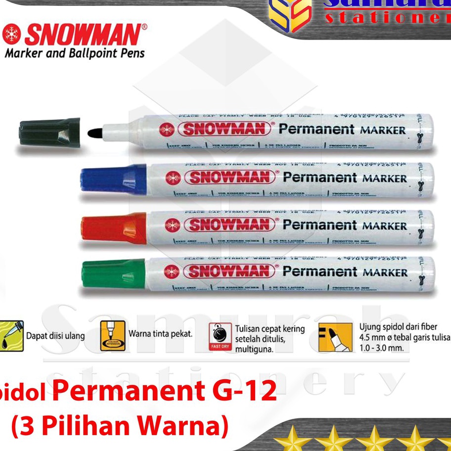 

Big Sale Spidol Permanent Snowman Marker G-12 Pcs / G12 Permanen Besar G 12 Hitam Biru Merah Hijau