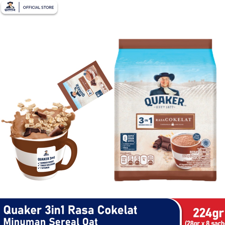 

Pasti Murah Quaker 3in1 Chocolate Polybag 224g Minuman Sereal Oats (Isi 8 sachet) Sale