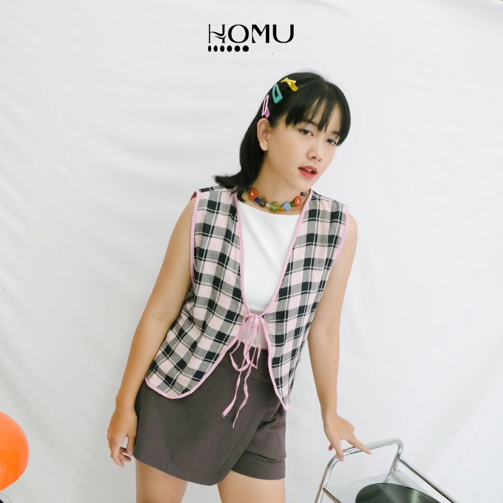 HOMU | Plaid Reversible Lounge Vest | Vest Wanita Sleeveless -  Rompi Tanpa Lengan - Rompi Kotak