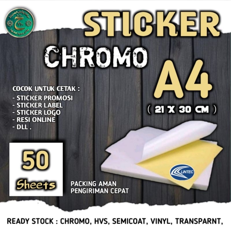 

STICKER CHROMO ( GLOSSY ) A4 UKURAN ( 21 X 30 CM ) ISI 50 LEMBAR TERMURAH