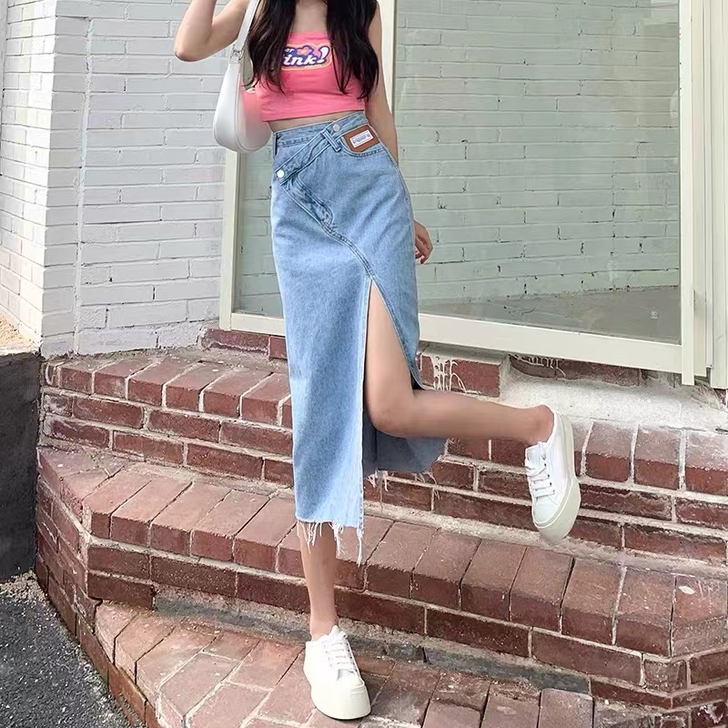 【wanita.id】rok korean style panjang rok jeans panjang rok a line 7/8 rok midi rok denim panjang rok span sma rok belah samping rok daily