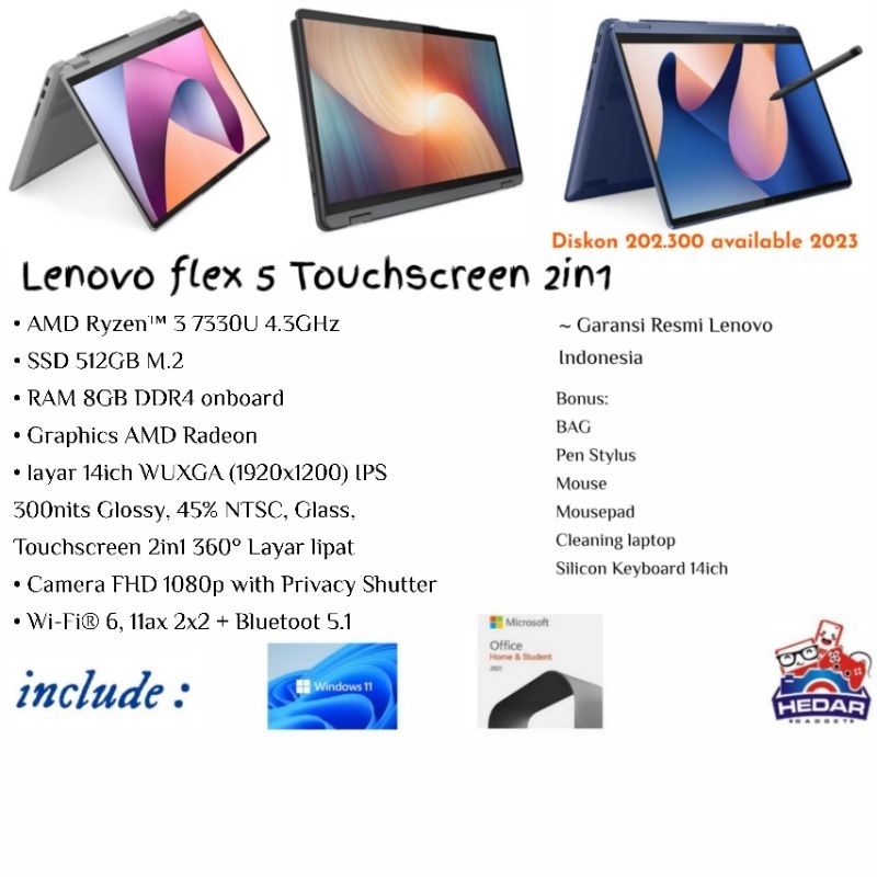 Laptop Lenovo flex 5 Ryzen 3 7330U 8GB 512GB W11 OHS 14 WUXGA Touchscreen 2in1 lipat