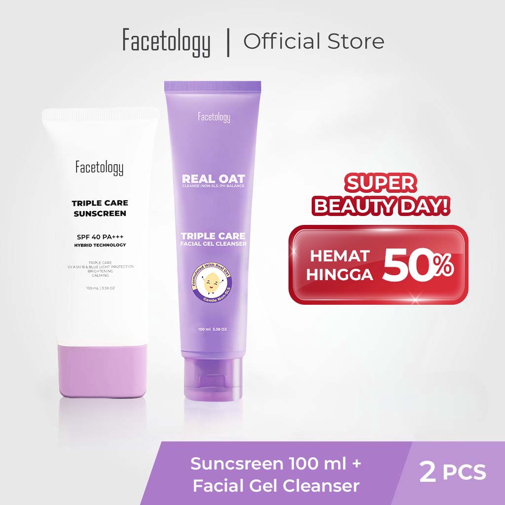 Ready Stock☒[2 PCS BUNDLING] BIG SIZE 100ML FACETOLOGY Triple Care Hybrid Sunscreen SPF 40 & FACETOL