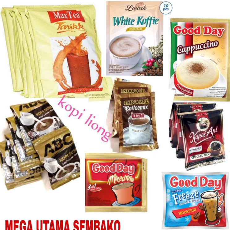 

Harga Promo kopi kapal api / good Day cappucino / kopi liong / teh tarik / torabika capucino Isi 10 saset promo